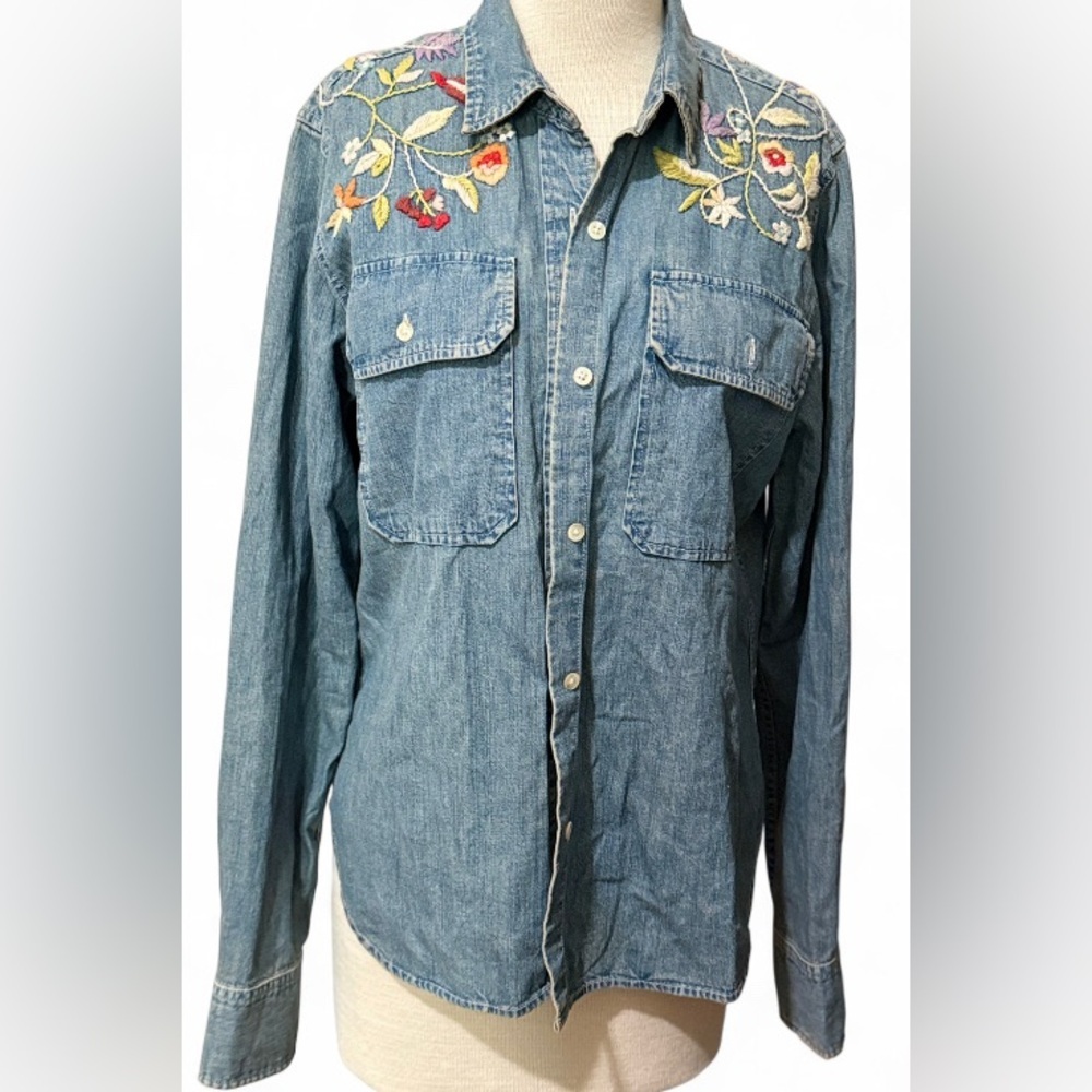 Ralph Lauren Jeans Co Denim Button Up Shirt Floral Embroidered Women's Large
